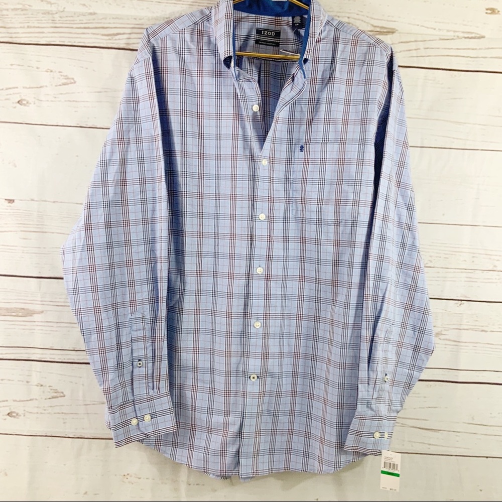IZOD Ling Sleeve Plaid Button Down Mens Shirt Size L